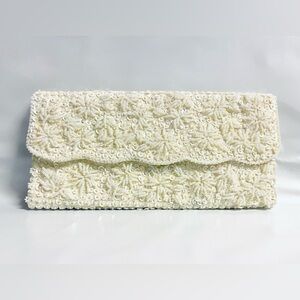 Vintage Ivory Cream Micro Seed Bead Sequin Clutch Handbag Hand Made in Hong Kong